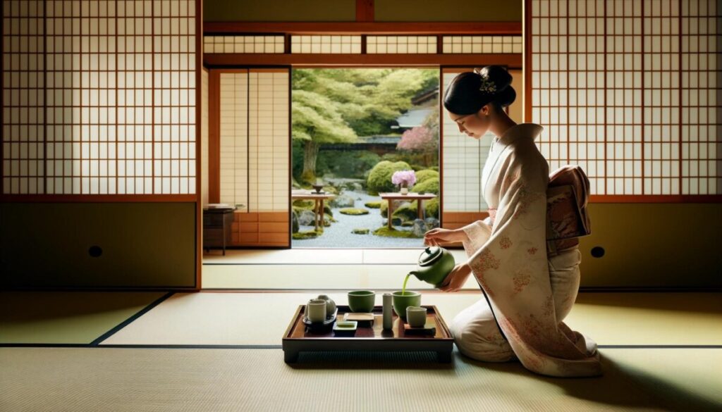 A traditional Japanese tea ceremony taking place in a serene tea room. A woman in a kimono gracefully prepares matcha tea, with a tea set arranged on a tatami mat. The room features sliding paper doors, simple yet elegant decor, and a view of a tranquil Japanese garden outside.