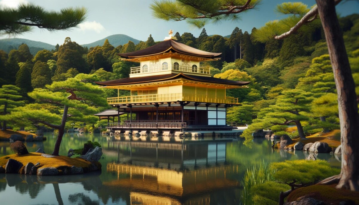 A serene view of Kinkaku-ji (The Golden Pavilion) in Kyoto, Japan, with its gold-leaf exterior reflecting in the surrounding pond. The pavilion is set amidst lush green trees and meticulously maintained gardens, under a clear blue sky.