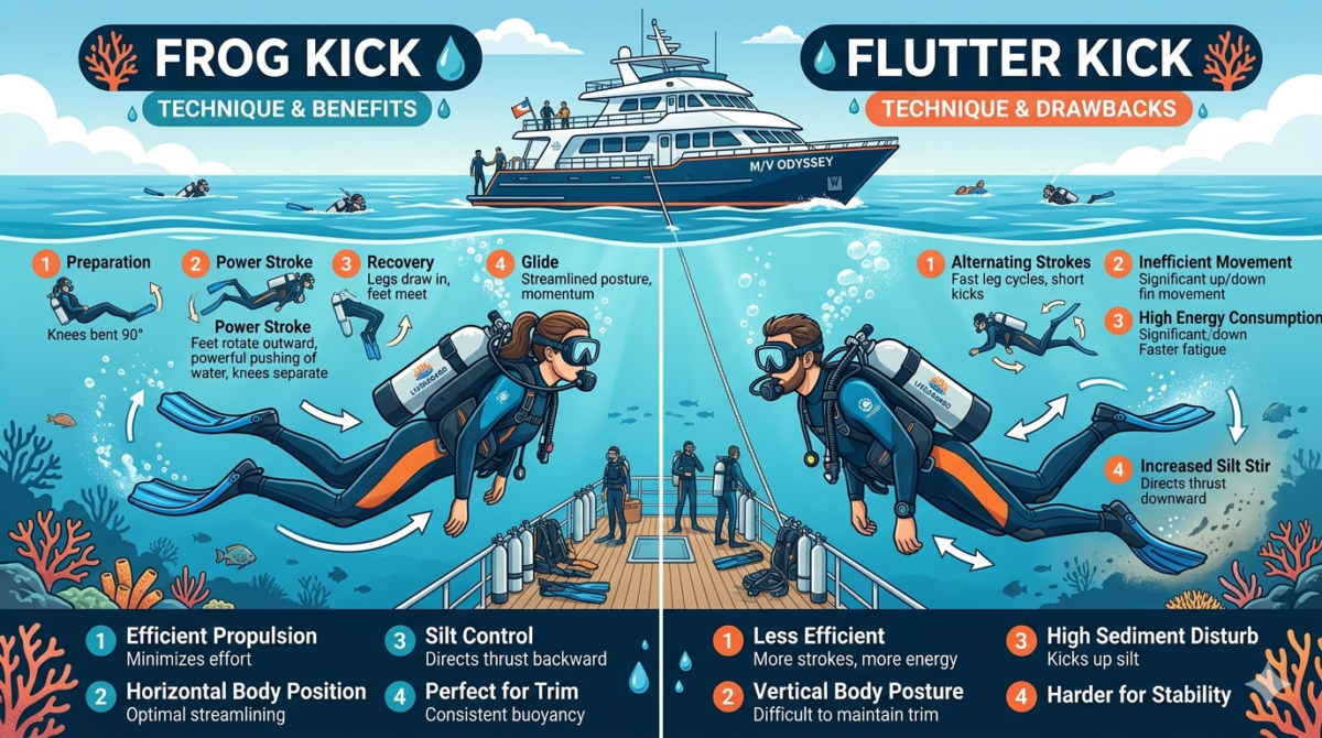 Diving Liveaboard Frog Kick vs Flutter Kick Guide